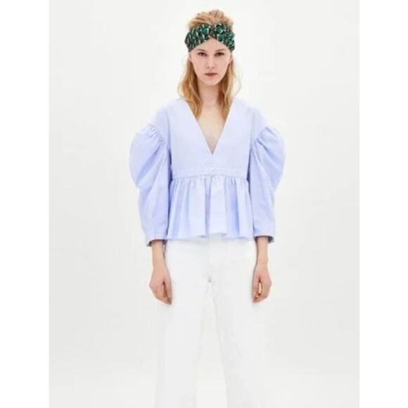 Zara TRF Blue & White Stripe Peplum Blouse – Size M Cottagecore - Picture 1 of 6